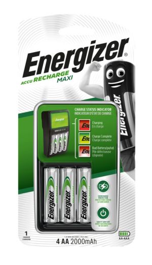 Energizer Maxi зарядно устройство + 4 бр. R6/AA 2000 mAh батерии — Бързо, сигурно и ефективно зареждане!