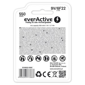 Батерия 6F22/9V Li-ion 550 mAh everActive - Безгранична Енергия с USB TYPE C Зареждане