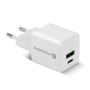 Компактно GaN Зарядно устройство everActive SC-330Q с USB-C PD 20W и USB QC 3.0 – Бързо Зареждане за Всеки Уред