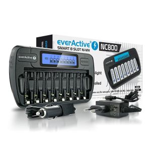 Професионално зарядно устройство everActive NC‑800 – интелигентно зареждане на до 8 батерии едновременно